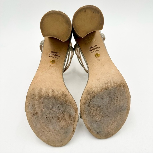 Stuart Weitzman Merinda Ankle-Wrap Block Heel Sandals Gold Glitter - Picture 11 of 11